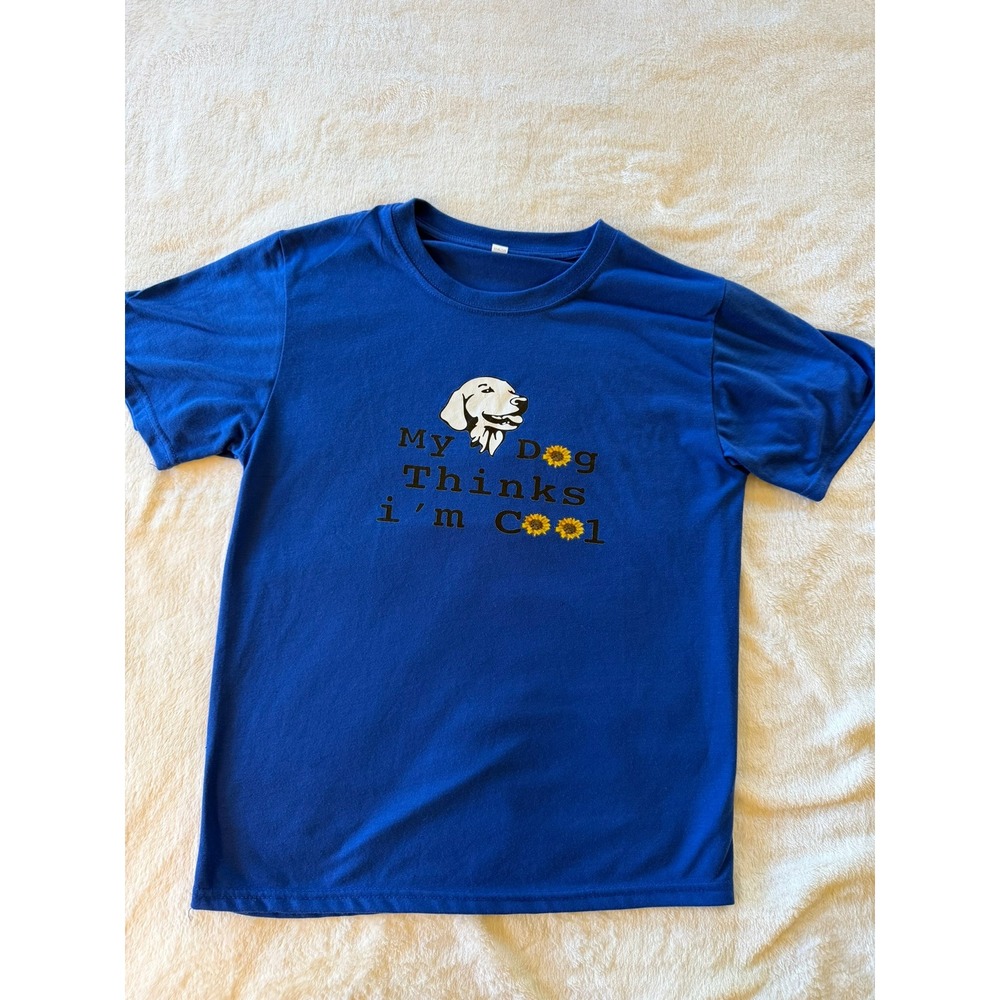 My Dog Thinks Im Cool Graphic T-Shirt Blue Golden Retriever Sunflower Tee